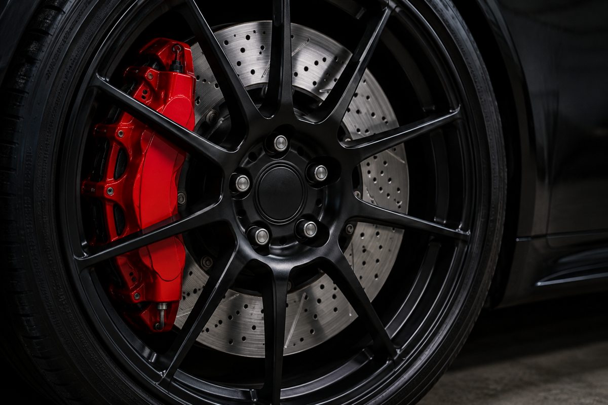 Red performance brake caliper and drilled disc behind an alloy wheel