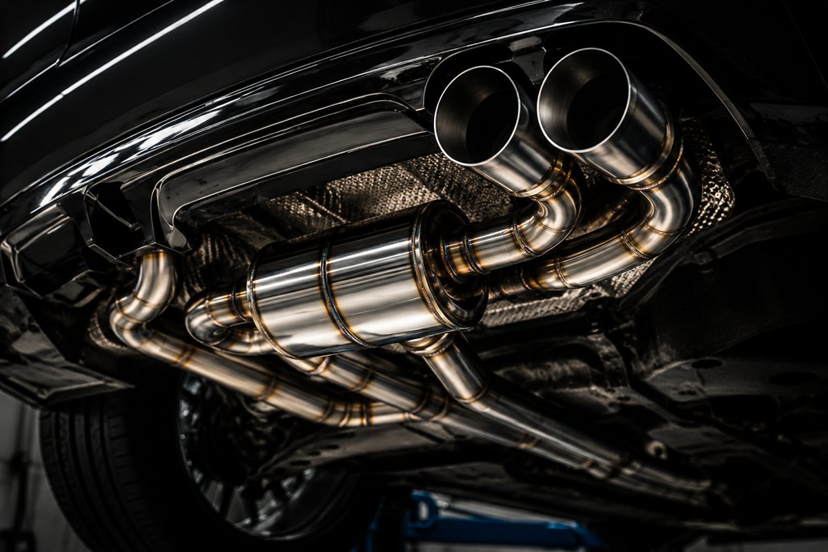 Stainless steel dual-tip performance exhaust system installed underneath a vehicle