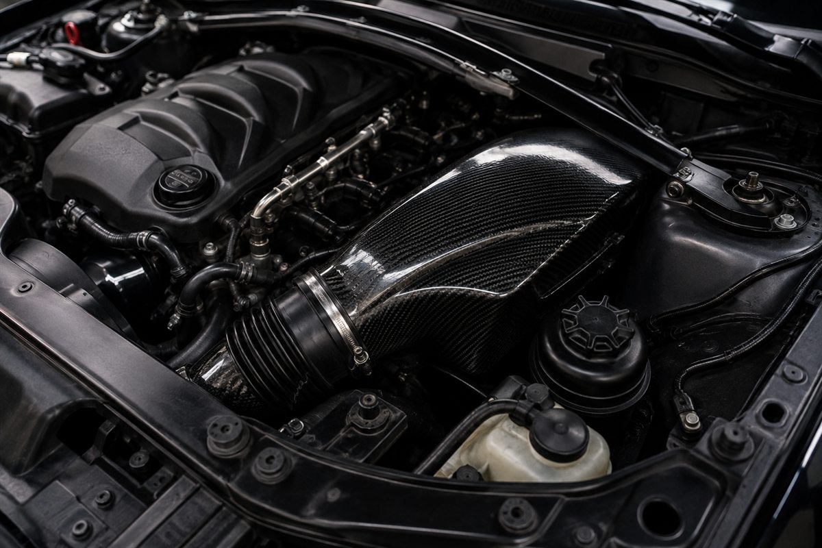 Carbon-fibre performance air intake installed in a vehicle engine bay