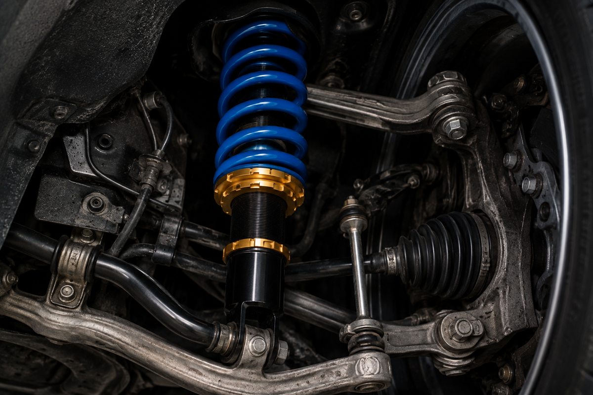 Adjustable performance coilover spring and damper installed in a vehicle's suspension