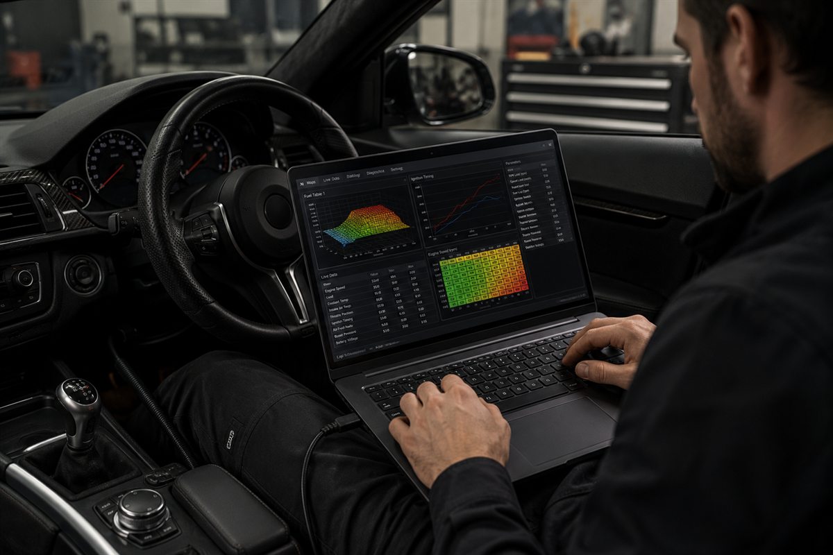 ECU performance tuning session with live calibration data shown on a laptop