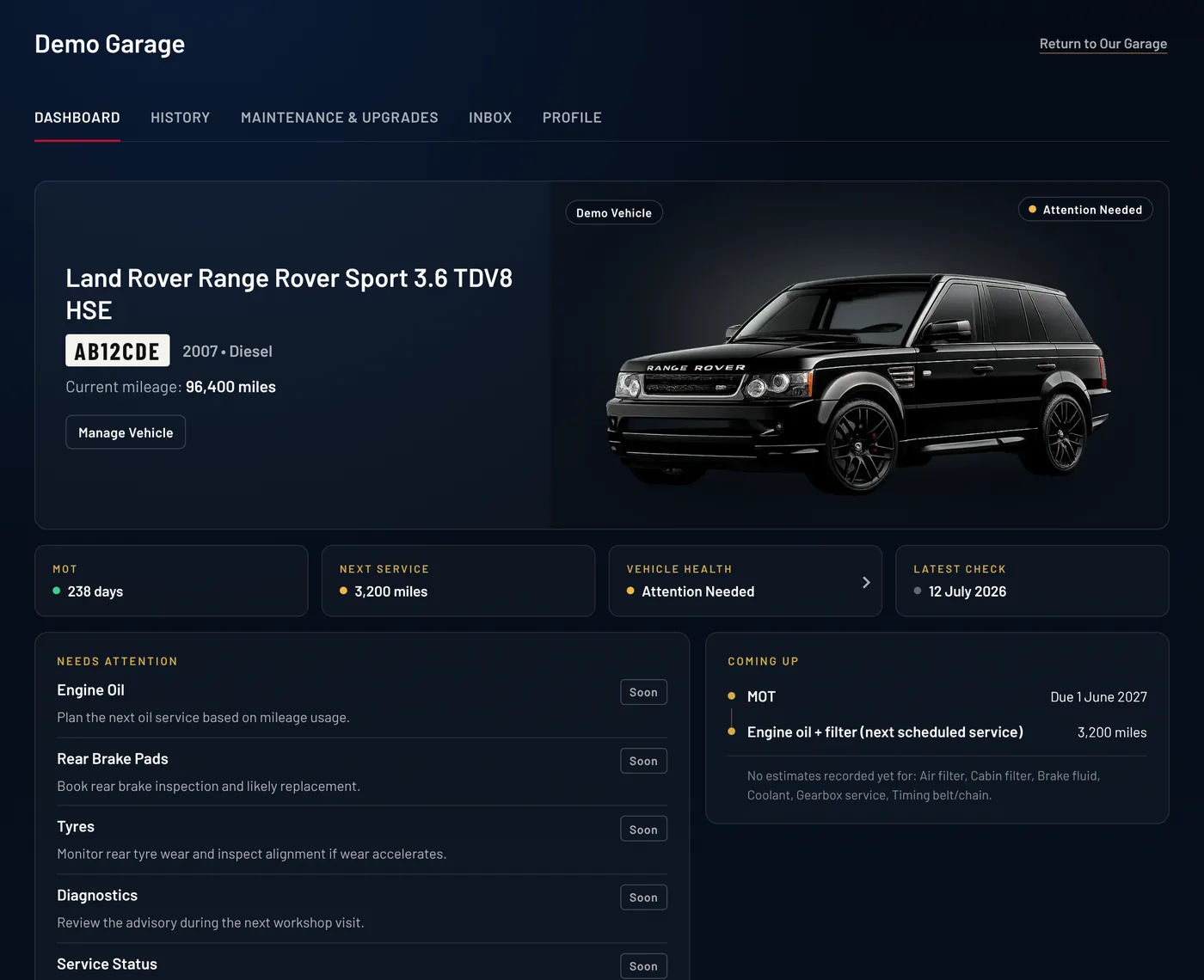 The My Garage dashboard showing a vehicle's registration, mileage, health status, next service, MOT countdown and the items that need attention next