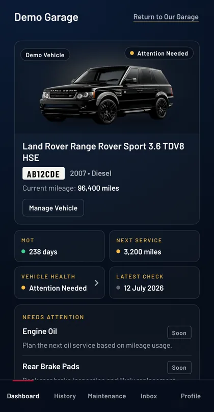 My Garage on a phone, showing the current vehicle and its status
